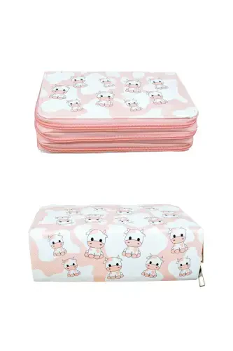 Pencil Case Cows Pink Vegan Leather Three Compartments (Pencil Box)-Cows Pink - 3