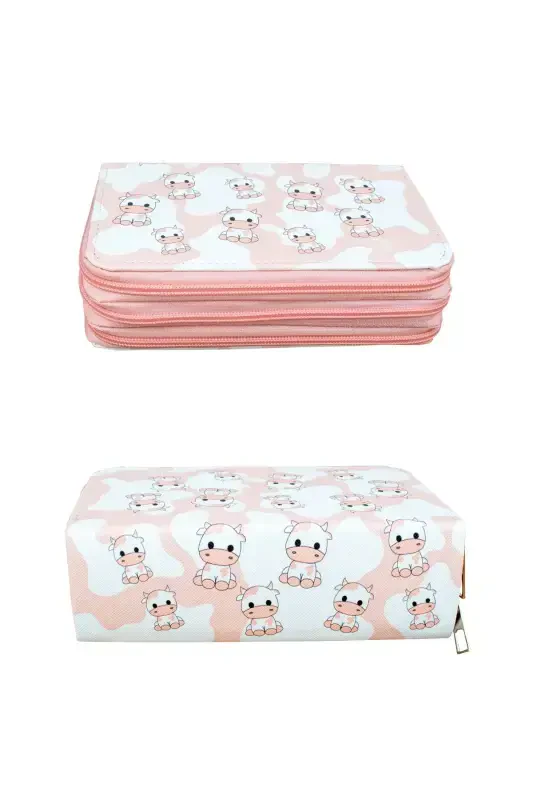 Pencil Case Cows Pink Vegan Leather Three Compartments (Pencil Box)-Cows Pink - 3