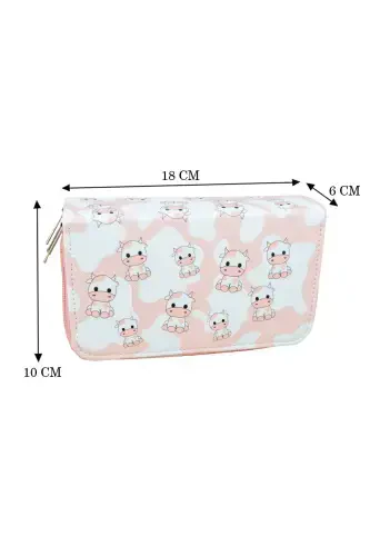 Pencil Case Cows Pink Vegan Leather Three Compartments (Pencil Box)-Cows Pink - 4