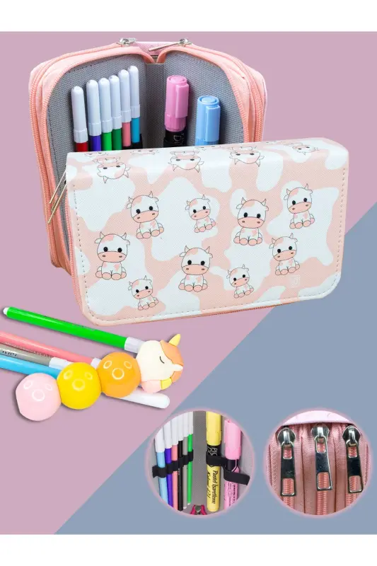 Pencil Case Cows Pink Vegan Leather Three Compartments (Pencil Box)-Cows Pink - 1