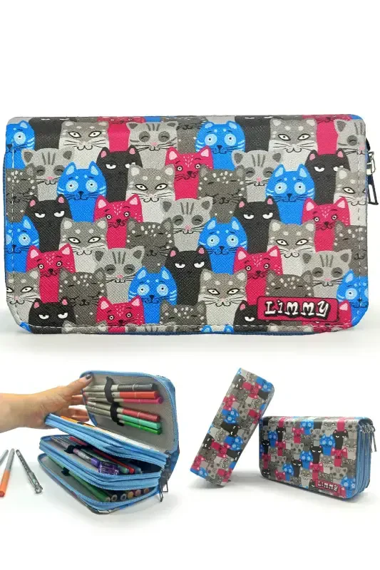 Pencil Case Cute Cat Kawai Organizer Pencil Box Vegan Leather Three Compartment Pencil Holder - Blue-Cat - LIMMY