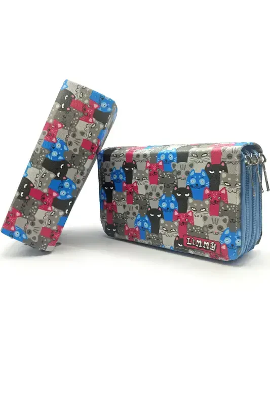 Pencil Case Cute Cat Kawai Organizer Pencil Box Vegan Leather Three Compartment Pencil Holder - Blue-Cat - 2