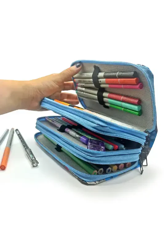 Pencil Case Cute Cat Kawai Organizer Pencil Box Vegan Leather Three Compartment Pencil Holder - Blue-Cat - 3