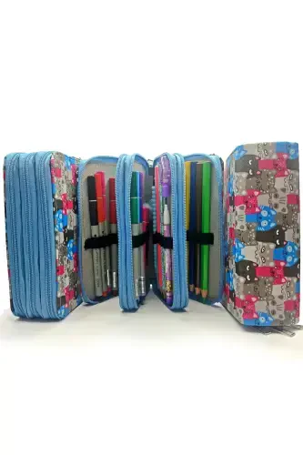 Pencil Case Cute Cat Kawai Organizer Pencil Box Vegan Leather Three Compartment Pencil Holder - Blue-Cat - 4