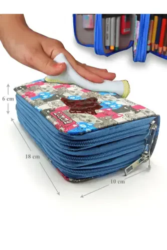 Pencil Case Cute Cat Kawai Organizer Pencil Box Vegan Leather Three Compartment Pencil Holder - Blue-Cat - 5