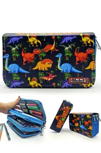 Pencil Case Dinosaur Patterned Kawaii Organizer Pencil Box Vegan Leather Three Compartment Pen Holder - Blue-Black - 1