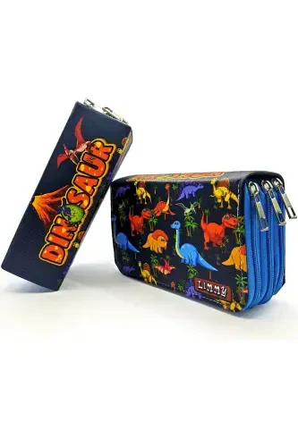 Pencil Case Dinosaur Patterned Kawaii Organizer Pencil Box Vegan Leather Three Compartment Pen Holder - Blue-Black - LIMMY (1)