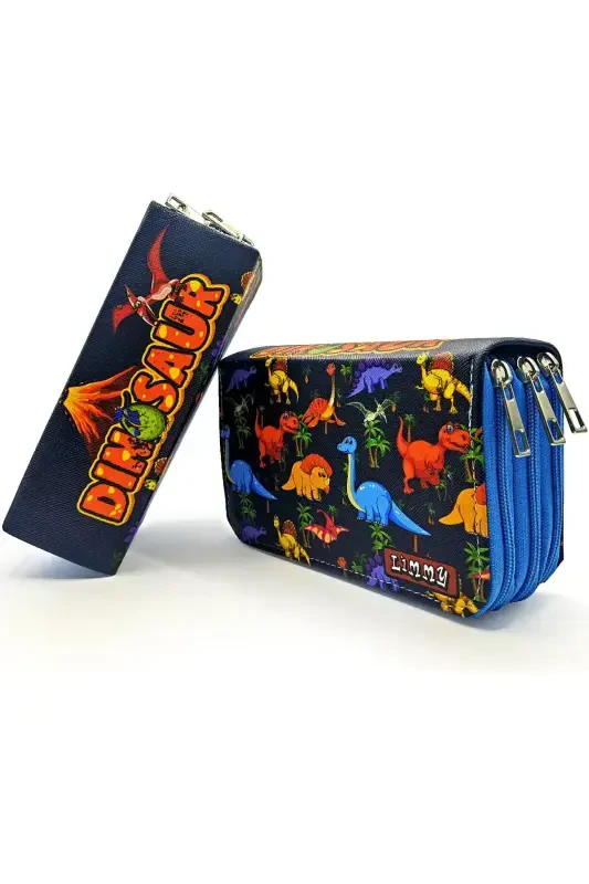 Pencil Case Dinosaur Patterned Kawaii Organizer Pencil Box Vegan Leather Three Compartment Pen Holder - Blue-Black - 2