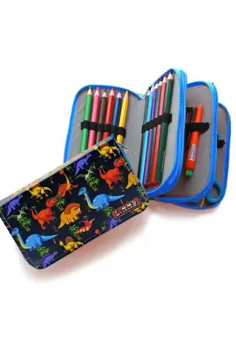 Pencil Case Dinosaur Patterned Kawaii Organizer Pencil Box Vegan Leather Three Compartment Pen Holder - Blue-Black - 3