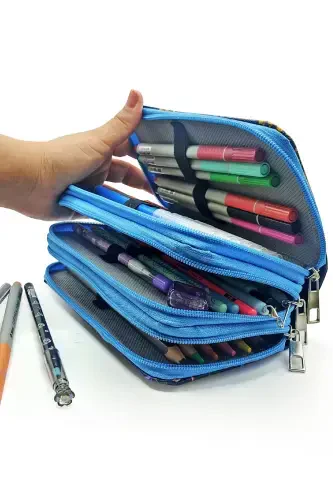 Pencil Case Dinosaur Patterned Kawaii Organizer Pencil Box Vegan Leather Three Compartment Pen Holder - Blue-Black - 4