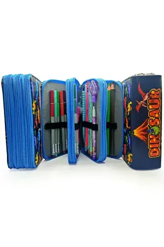 Pencil Case Dinosaur Patterned Kawaii Organizer Pencil Box Vegan Leather Three Compartment Pen Holder - Blue-Black - 5