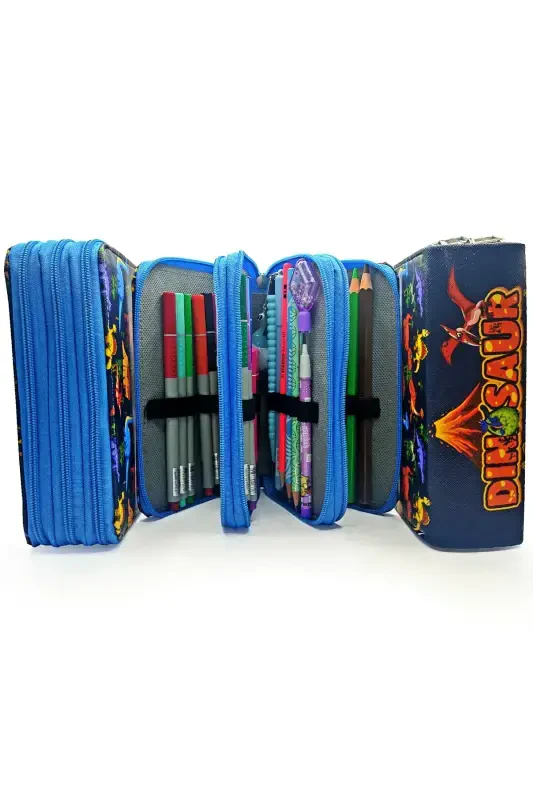 Pencil Case Dinosaur Patterned Kawaii Organizer Pencil Box Vegan Leather Three Compartment Pen Holder - Blue-Black - 5