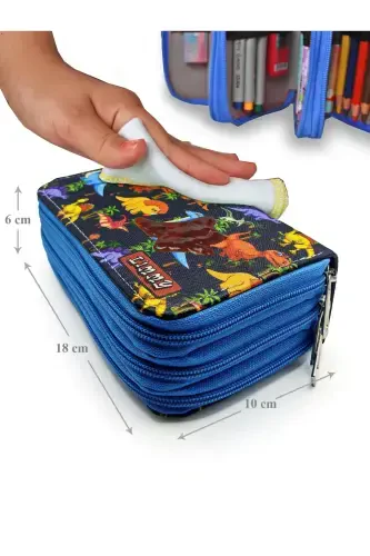 Pencil Case Dinosaur Patterned Kawaii Organizer Pencil Box Vegan Leather Three Compartment Pen Holder - Blue-Black - 6