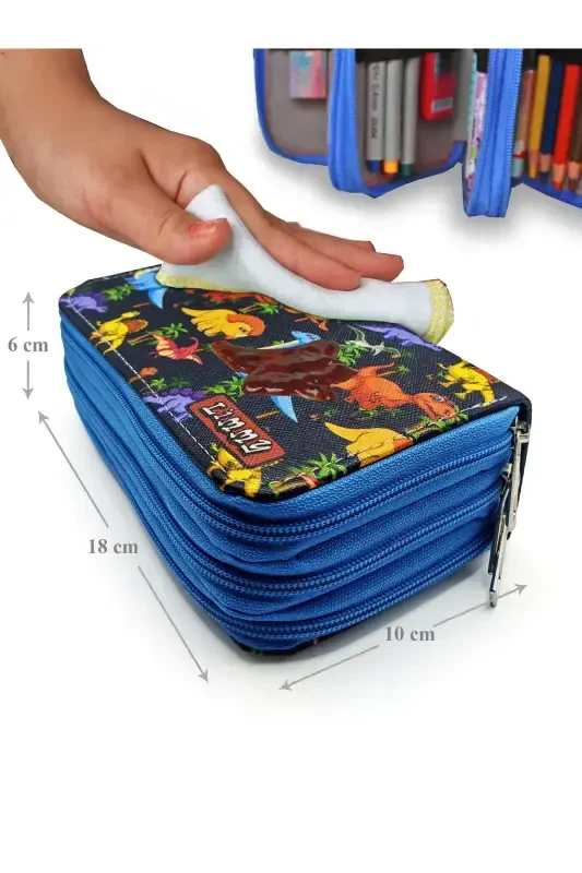 Pencil Case Dinosaur Patterned Kawaii Organizer Pencil Box Vegan Leather Three Compartment Pen Holder - Blue-Black - 6