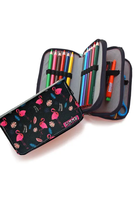 Pencil Case Flamingo Black Kawai Organizer Pencilcase Vegan Leather Three Compartment Pencil Holder Black-S.Flamingo - 3