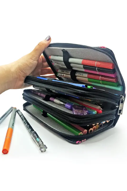 Pencil Case Flamingo Black Kawai Organizer Pencilcase Vegan Leather Three Compartment Pencil Holder Black-S.Flamingo - 4