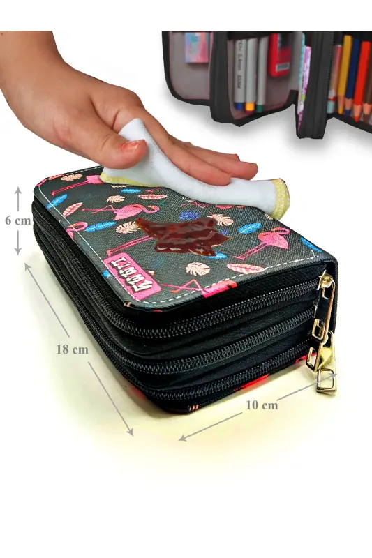 Pencil Case Flamingo Black Kawai Organizer Pencilcase Vegan Leather Three Compartment Pencil Holder Black-S.Flamingo - 6