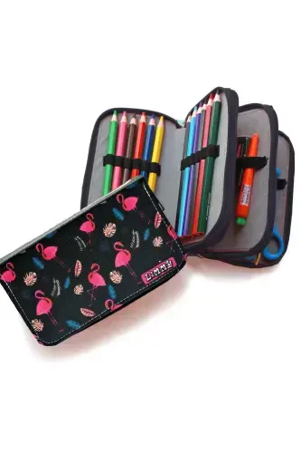 Pencil Case Flamingo Black Kawai Organizer Pencilcase Vegan Leather Three Compartment Pencil Holder Black-S.Flamingo - 3