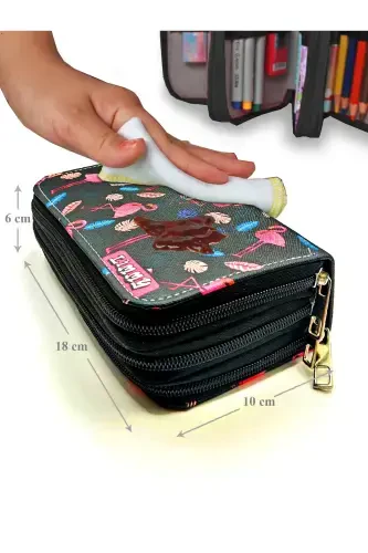 Pencil Case Flamingo Black Kawai Organizer Pencilcase Vegan Leather Three Compartment Pencil Holder Black-S.Flamingo - 6