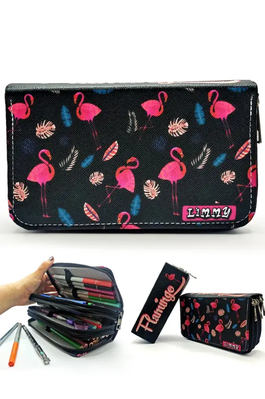 Pencil Case Flamingo Black Kawai Organizer Pencilcase Vegan Leather Three Compartment Pencil Holder Black-S.Flamingo - LIMMY