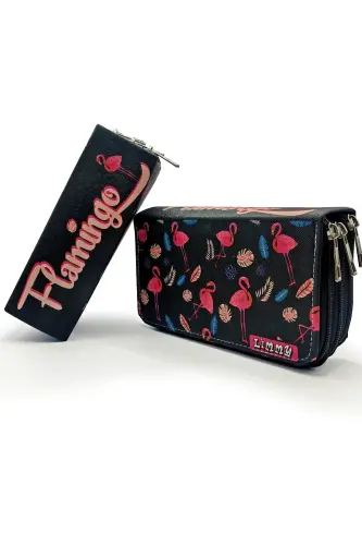 Pencil Case Flamingo Black Kawai Organizer Pencilcase Vegan Leather Three Compartment Pencil Holder Black-S.Flamingo - 2