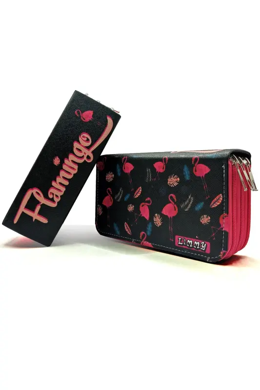 Pencil Case Flamingo Black Kawaii Organizer Pencilcase Vegan Leather Three Compartment Pencil Holder-colorful15 - 2