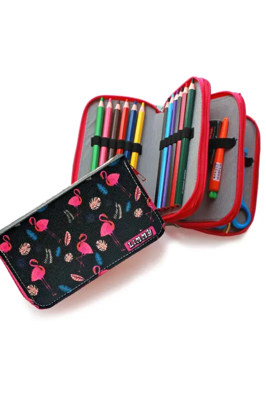 Pencil Case Flamingo Black Kawaii Organizer Pencilcase Vegan Leather Three Compartment Pencil Holder-colorful15 - 3