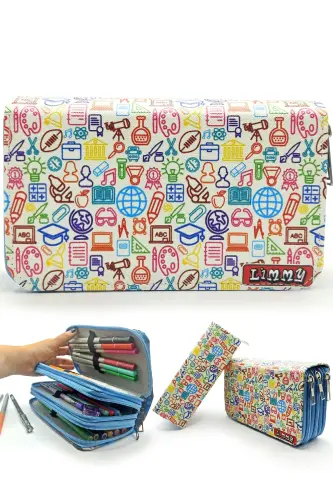 Pencil Case Icon School Pattern Kawaii Organizer Pencil Box Vegan Leather Three Compartment Pencil Case-colorful3 