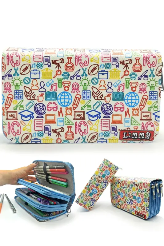 Pencil Case Icon School Pattern Kawaii Organizer Pencil Box Vegan Leather Three Compartment Pencil Case-colorful3 - 1