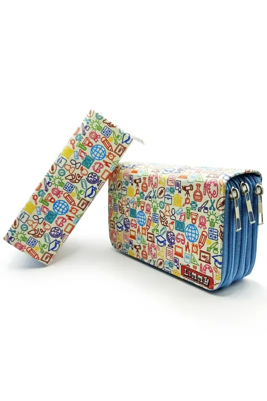 Pencil Case Icon School Pattern Kawaii Organizer Pencil Box Vegan Leather Three Compartment Pencil Case-colorful3 - 2