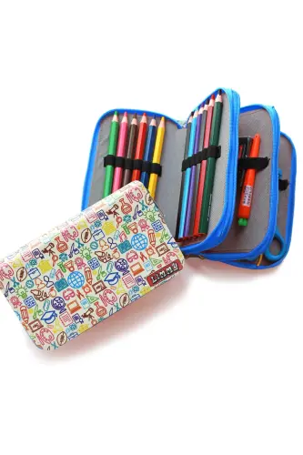 Pencil Case Icon School Pattern Kawaii Organizer Pencil Box Vegan Leather Three Compartment Pencil Case-colorful3 - 3