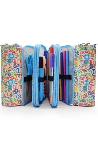 Pencil Case Icon School Pattern Kawaii Organizer Pencil Box Vegan Leather Three Compartment Pencil Case-colorful3 - 4