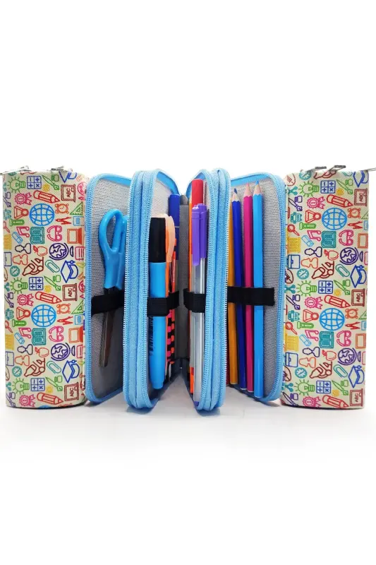 Pencil Case Icon School Pattern Kawaii Organizer Pencil Box Vegan Leather Three Compartment Pencil Case-colorful3 - 4