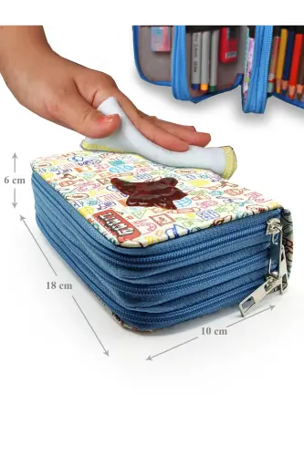 Pencil Case Icon School Pattern Kawaii Organizer Pencil Box Vegan Leather Three Compartment Pencil Case-colorful3 - 5