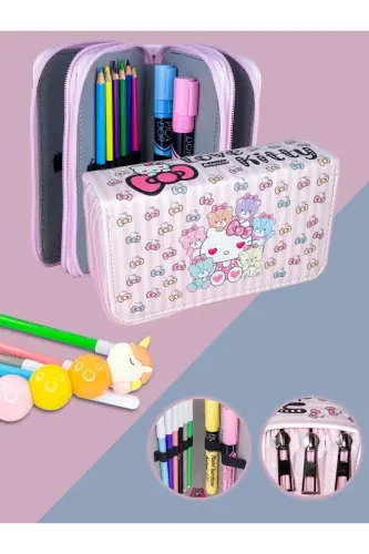 Pencil Case Love Kitty Themed Kawaii Pattern Organizer Vegan Leather Three Compartment (pencil case) - 3's Love Kitty 