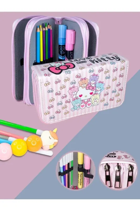 Pencil Case Love Kitty Themed Kawaii Pattern Organizer Vegan Leather Three Compartment (pencil case) - 3's Love Kitty - 1