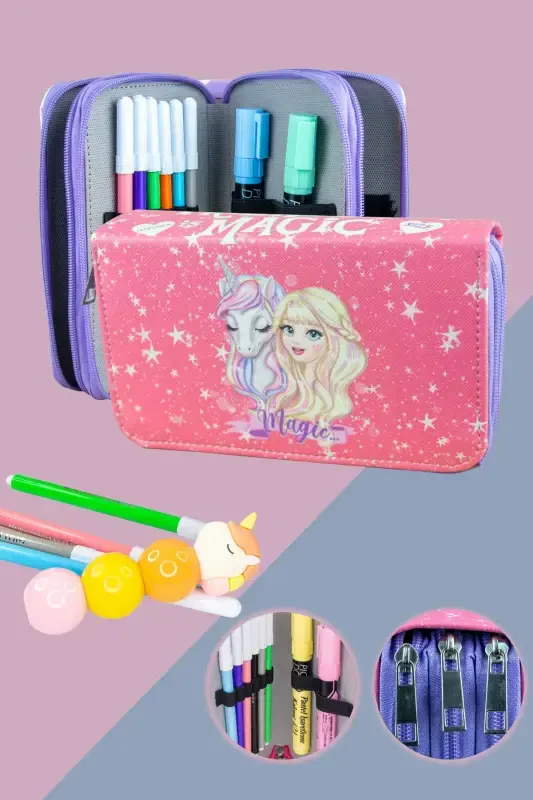 Pencil Case Macig Unicorn Vegan Leather Three Compartment (pencil case)-Macig Unicorn Lilac Zipper - ONESIZE