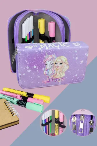 Pencil Case Magic Unicorn Lilac Vegan Leather Three Compartment (pencil case)-Magic Unicorn Lilac 