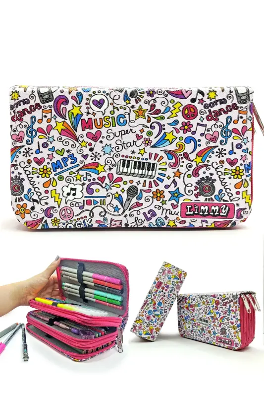 Pencil Case Music Patterned Kawaii Organizer Pencil Box Vegan Leather Three Compartment Pencil Case-colorful4 - 1
