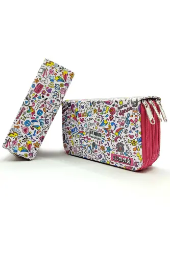 Pencil Case Music Patterned Kawaii Organizer Pencil Box Vegan Leather Three Compartment Pencil Case-colorful4 - 2