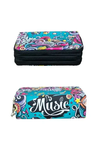 Pencil Case Music Vegan Leather Three Compartments (Pencil Box)-Music - 3
