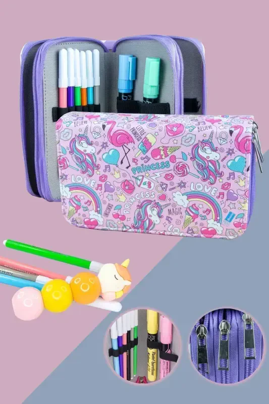 Pencil Case Princess Unicorn Vegan Leather Three Compartment (pencil case)-Princess Unicorn Purple Zipper - 1