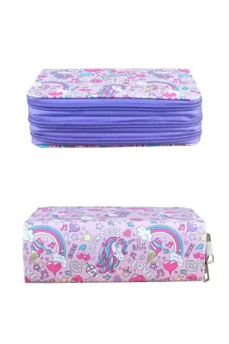 Pencil Case Princess Unicorn Vegan Leather Three Compartment (pencil case)-Princess Unicorn Purple Zipper - 3