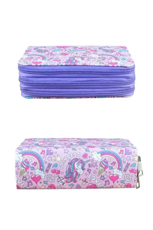 Pencil Case Princess Unicorn Vegan Leather Three Compartment (pencil case)-Princess Unicorn Purple Zipper - 3