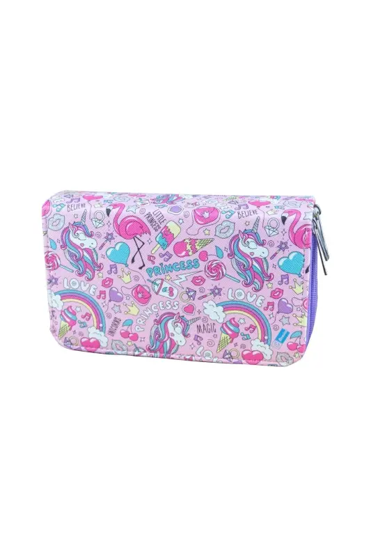 Pencil Case Princess Unicorn Vegan Leather Three Compartment (pencil case)-Princess Unicorn Purple Zipper - 2