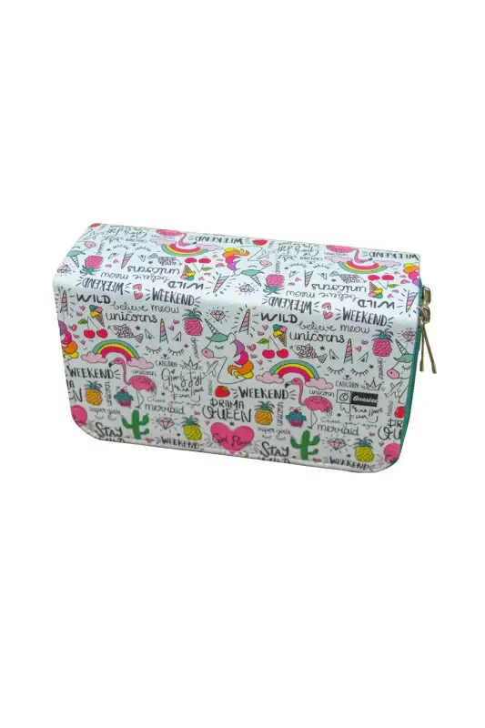 Pencil Case Queen Unicorn Kawaii Vegan Leather Three Compartment (pencil case)-Queen Unicorn Green Zipper - 2
