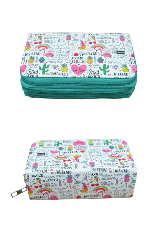 Pencil Case Queen Unicorn Kawaii Vegan Leather Three Compartment (pencil case)-Queen Unicorn Green Zipper - 3