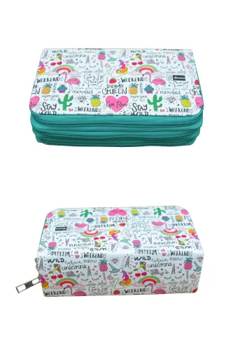 Pencil Case Queen Unicorn Kawaii Vegan Leather Three Compartment (pencil case)-Queen Unicorn Green Zipper - 3