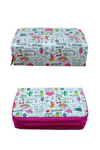 Pencil Case Queen Unicorn Kawaii Vegan Leather Three Compartments (pencil case)-Queen Unicorn Pink Zipper - 3