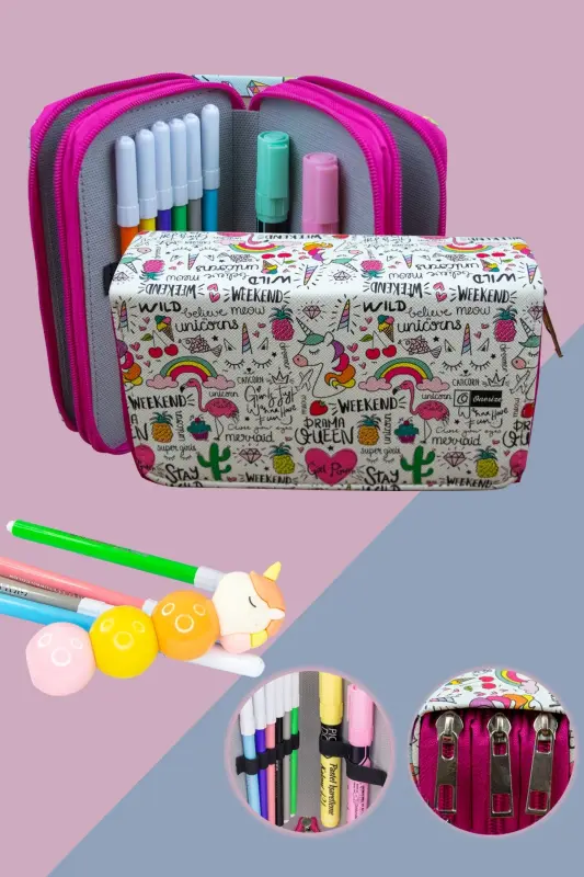 Pencil Case Queen Unicorn Kawaii Vegan Leather Three Compartments (pencil case)-Queen Unicorn Pink Zipper - ONESIZE